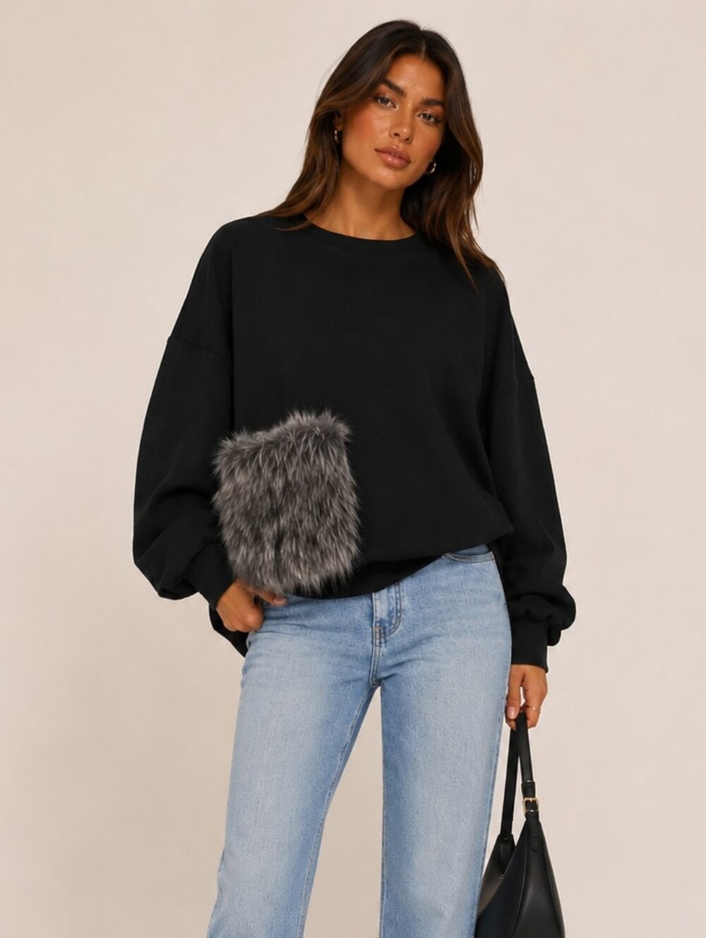 Zara Black Oversized Sweatshirt With Faux Fur Pocket New Size S